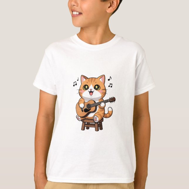 Adorable Orange Tabby Cat Playing Acoustic Guitar T Shirt (Framsida)