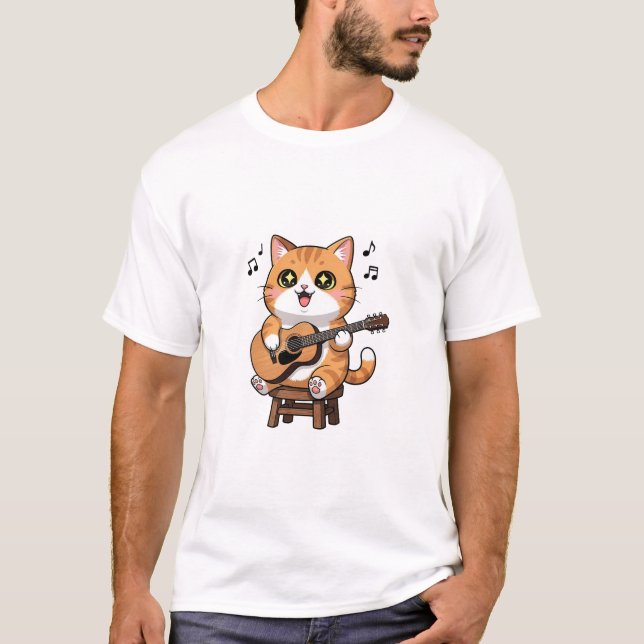 Adorable Orange Tabby Cat Playing Acoustic Guitar T Shirt (Framsida)
