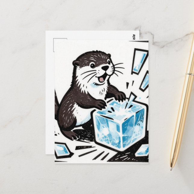 Adorable otter breaking an ice block  vykort (Fram/Back In Situ)