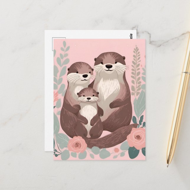 Adorable Otter Family Vykort (Fram/Back In Situ)