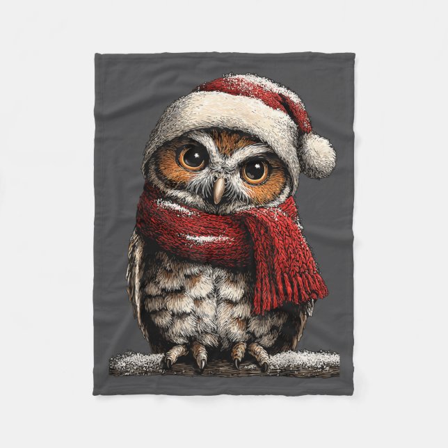 Adorable Owl With Santa Hat Snowy Winter Christmas Fleecefilt (Framsidan)