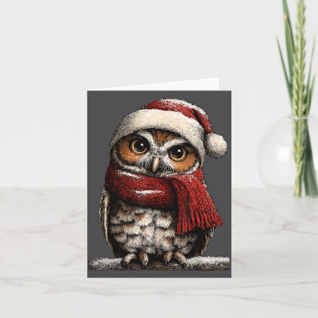 Adorable Owl With Santa Hat Snowy Winter Christmas Kort (Framsida)