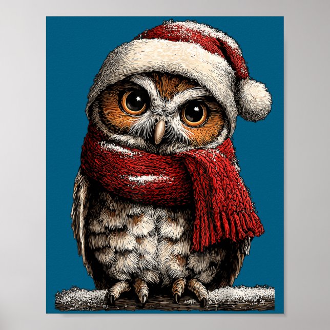 Adorable Owl With Santa Hat Snowy Winter Christmas Poster (Framsidan)