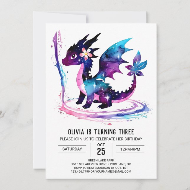 Adorable Painted Dragon Digital Girl Birthday Inbjudningar (Framsida)