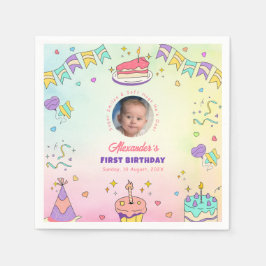 Adorable Pastel Baby Boy 1st Birthday Photo Napkin Pappersservett