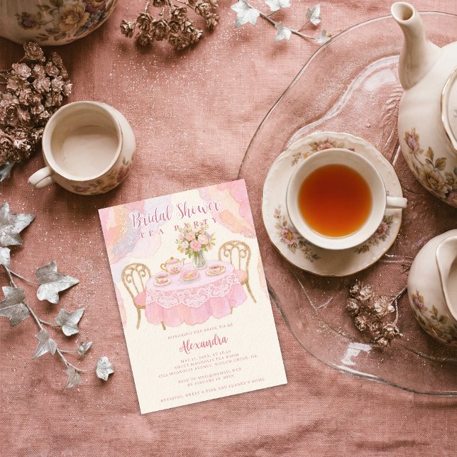 Adorable Pastel Pink Tea Party Bridal Shower Inbjudningar (Adorable Pastel Tea Party Illustration Invitation Card Design for Bridal Shower in Pink Tones.)