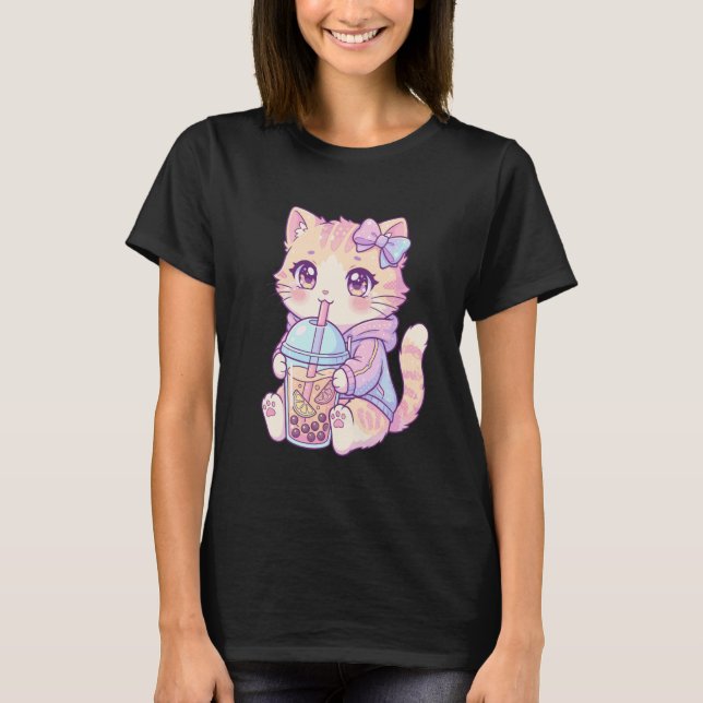Adorable Pastel Tabby Cat Drinking Boba Art Kawaii T Shirt (Framsida)
