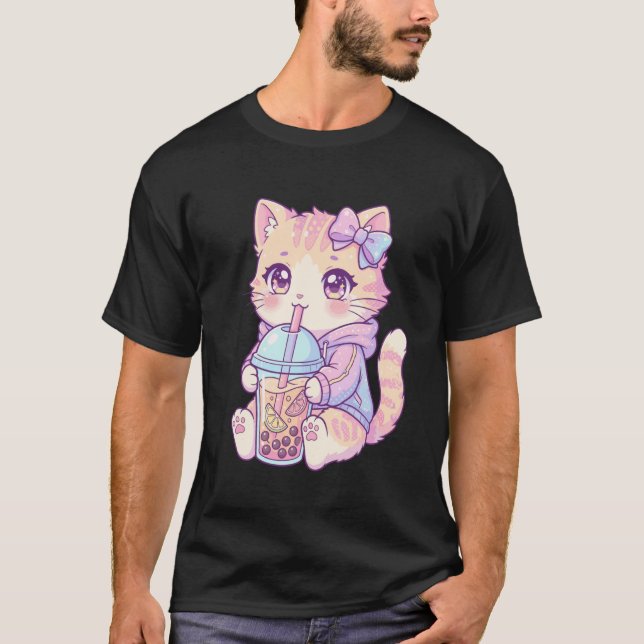 Adorable Pastel Tabby Cat Drinking Boba Art Kawaii T Shirt (Framsida)