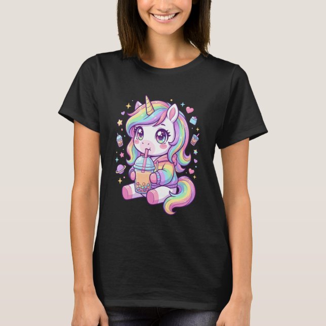Adorable Pastel Unicorn Drinking Boba Art Kawaii P T Shirt (Framsida)
