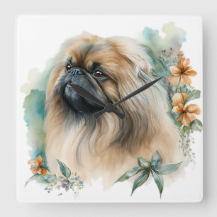 ADORABLE PEKINGESE HUND with WILDFLOWERS Fyrkantig Klocka