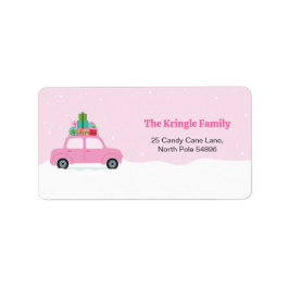 Adorable Pink Car with Christmas Gifts in Pink Adressetikett
