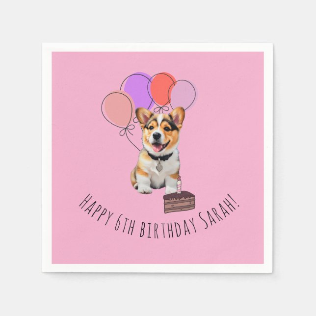 Adorable Pink Corgi Birthday Customizable Pappersservett (Framsidan)