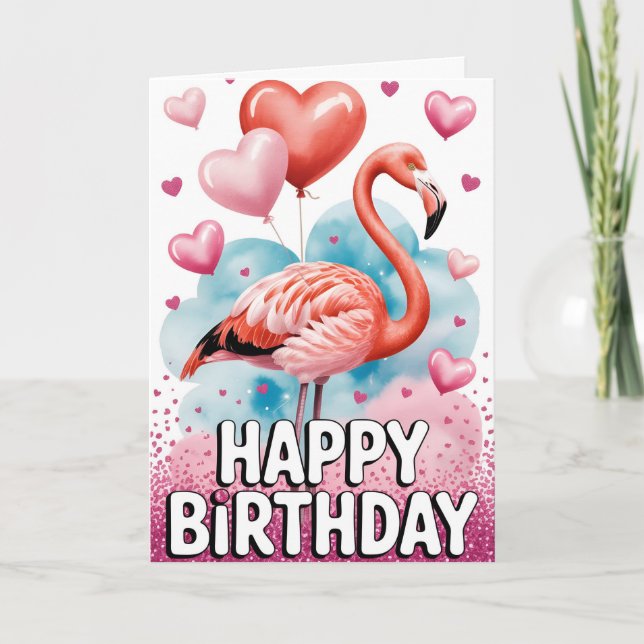 Adorable Pink Flamingo with Heart Balloons Kort (Framsida)