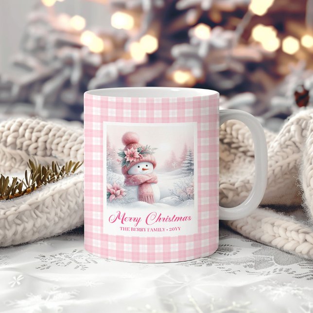 Adorable Pink Snowman Mug Cozy Christmas Scene Kaffemugg (Adorable Pink Snowman Mug Cozy Christmas Scene)