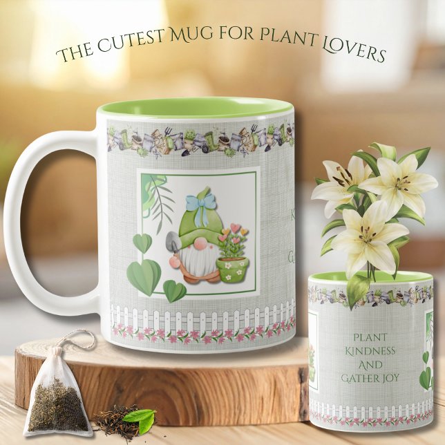 Adorable Plant Kindness Green Garden Chic Gnome Två-Tonad Mugg (This charming ceramic mug is the ultimate gift for anyone who loves gardening! )