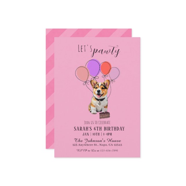Adorable Playful Pink Corgi Birthday Customizable Inbjudningar (Fram/Back In Situ)