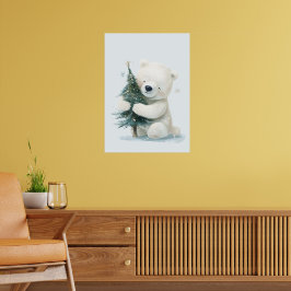 Adorable Polar Bear Hugging Christmas Tree, Cute  Poster