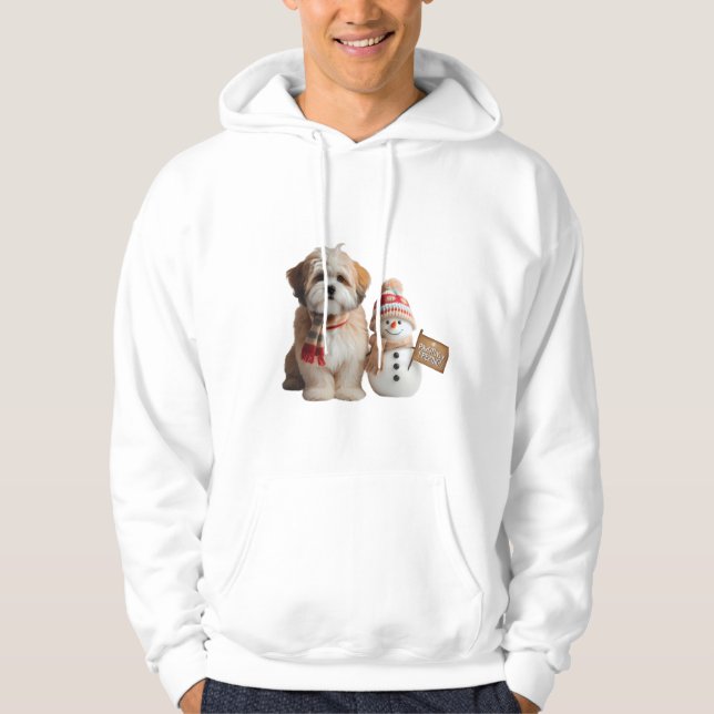 "Adorable Puppy and Snowman Winter Hoodie (Framsida)