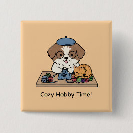 Adorable Puppy Knitting with Friend Hobby Art Pin Knapp