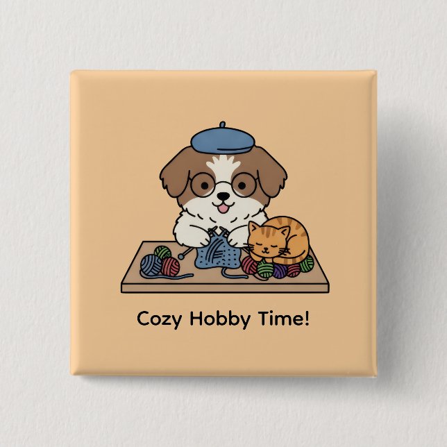 Adorable Puppy Knitting with Friend Hobby Art Pin Knapp (Framsida)