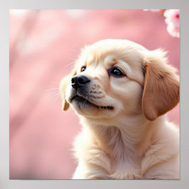 Adorable Puppy Sitting Under Blooming Cherry Trees Poster