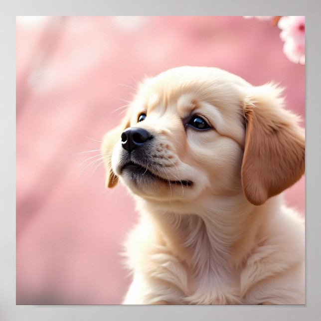 Adorable Puppy Sitting Under Blooming Cherry Trees Poster (Framsidan)