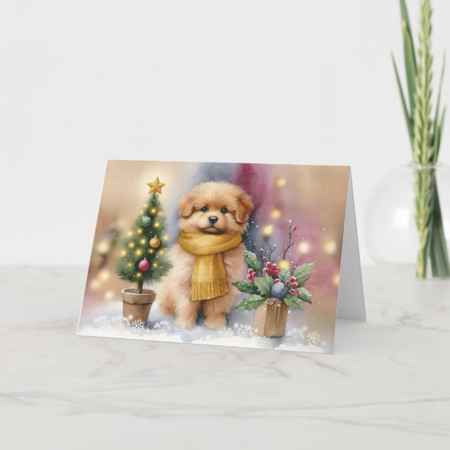 Adorable Puppy with Yellow Scarf & Christmas Tree Kort (Framsida)