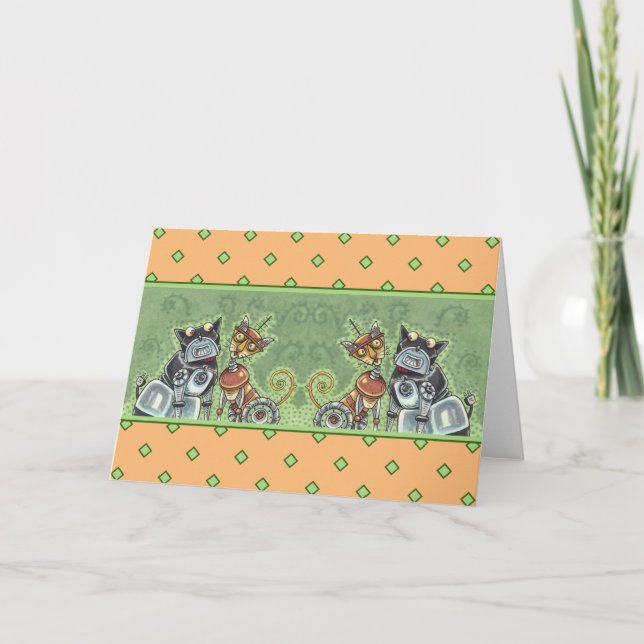 ADORABLE ROBOT BULLDOG & KATTDJUR FRIEND Funny Bla Kort (Framsida)