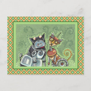 ADORABLE ROBOT BULLDOG & KATTDJUR FRIEND Funny Bla Vykort