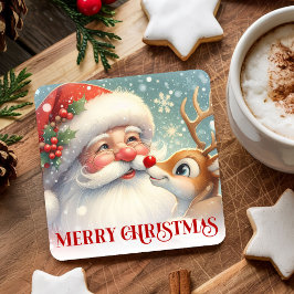 Adorable Santa and Rudolph Christmas Paper Coaster Underlägg Papper Kvadrat