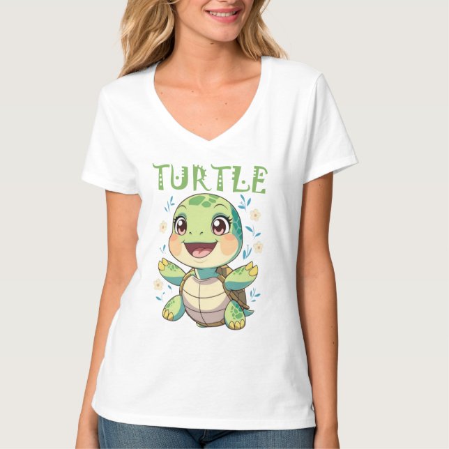 Adorable Sea Turtle with Flowers T Shirt (Framsida)
