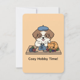 Adorable Shih Tzu Knitting with Cat Companion Card Tack Kort