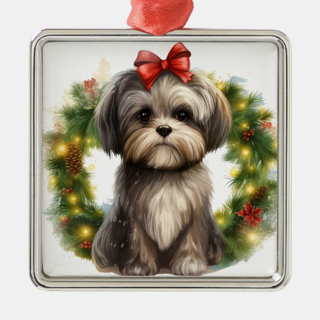 ADORABLE SHIH TZU PUPPY HUND CHRISTMAS WREATH JULGRANSPRYDNAD METALL (Framsidan)