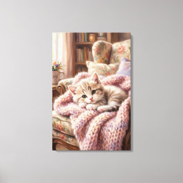 Adorable Sleeping Kitten on Teddy Bear Oil Paintin Canvastryck