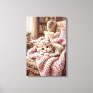 Adorable Sleeping Kitten on Teddy Bear Oil Paintin Canvastryck