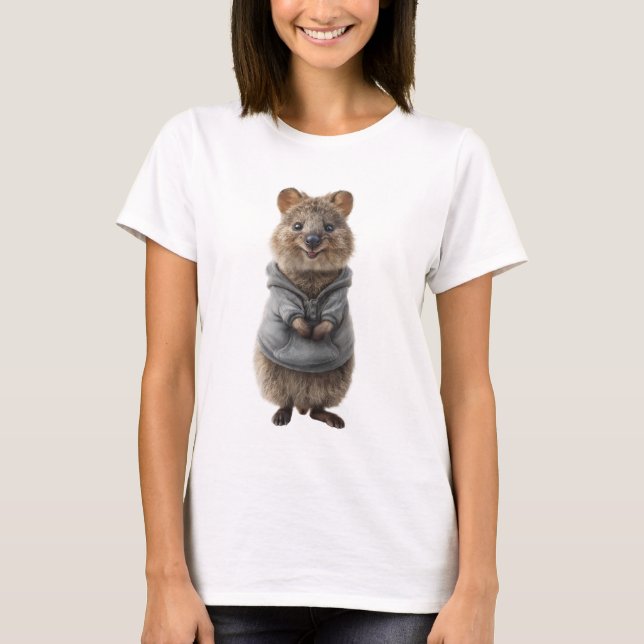Adorable Smiling Quokka in a Grey Hoodie T Shirt (Framsida)