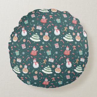 Adorable Snowman Christmas Pattern Rund Kudde