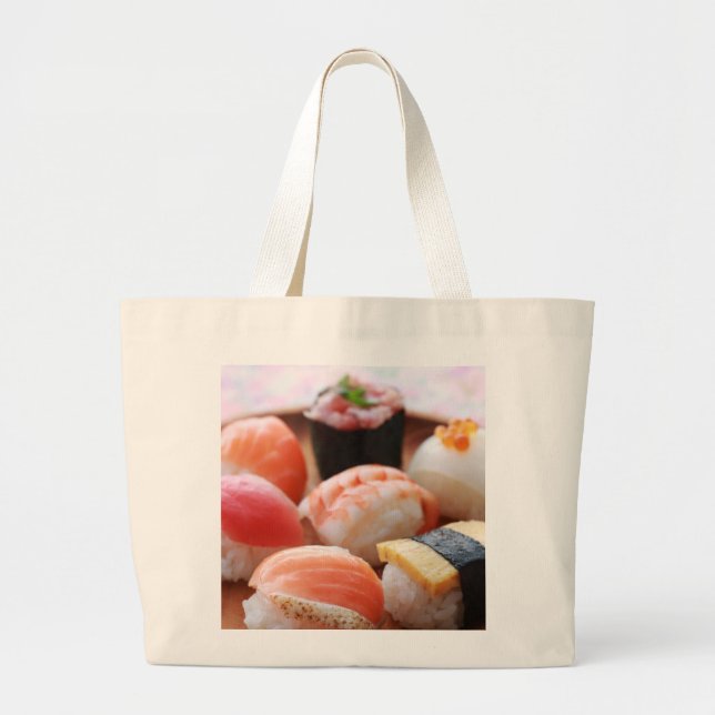 Adorable Sushi Selection on Wooden Plate Tote Jumbo Tygkasse (Framsidan)