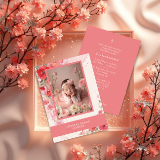 Adorable Sweet Colorful Coral Floral Photo Baptism Inbjudningar
