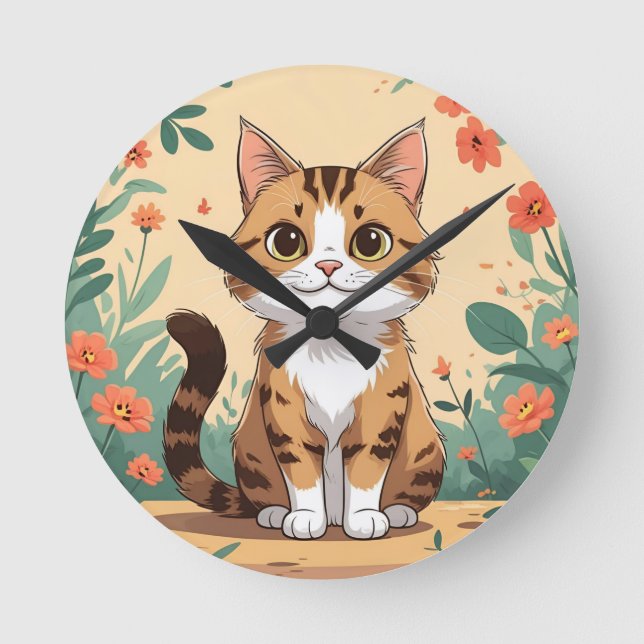 Adorable Tabby Cat in Blossom Garden 8" Round Acry Rund Klocka (Framsida)