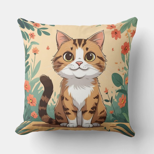 Adorable Tabby Cat in Blossom Garden Throw Pillow Kudde (Framsida)