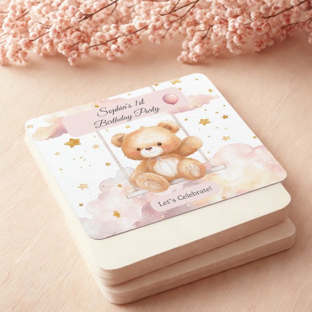 Adorable Teddy Bear Birthday – Custom Coaster Underlägg Papper Kvadrat (Skapare uppladdad)