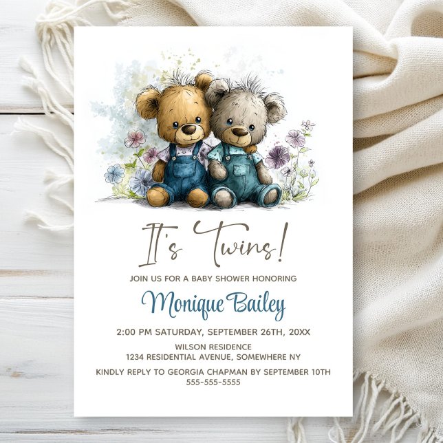 Adorable Teddy Bear Twins Baby Shower Inbjudningar (Skapare uppladdad)