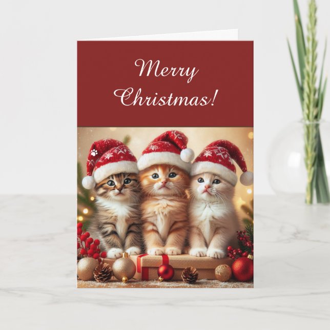 Adorable Three Cute Kittens in Santa Hats Pet Love Helgkort (Framsida)