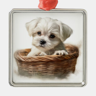ADORABLE TINY WHITE MALTESE PUPPY HUND JULGRANSPRYDNAD METALL