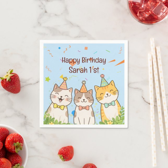 Adorable Trio of Birthday Cats | Custom Name & Age Pappersservett (Insitu)