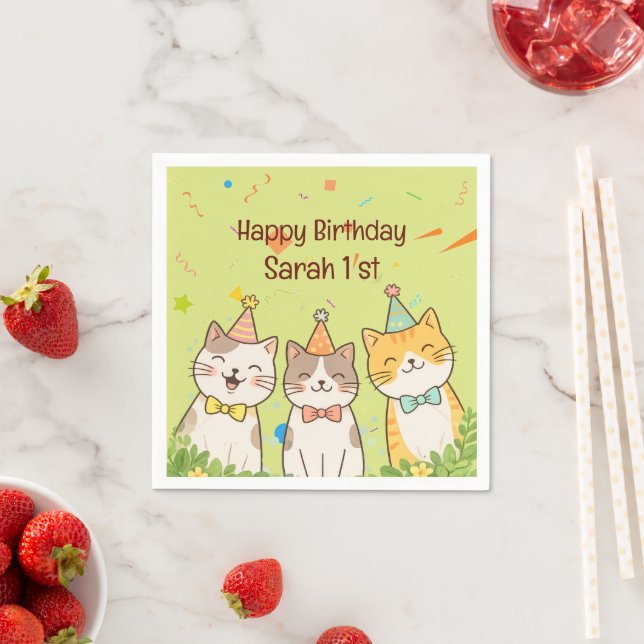 Adorable Trio of Birthday Cats | Custom Name & Age Pappersservett (Insitu)