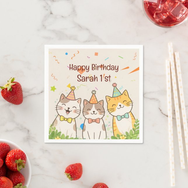 Adorable Trio of Birthday Cats | Custom Name & Age Pappersservett (Insitu)
