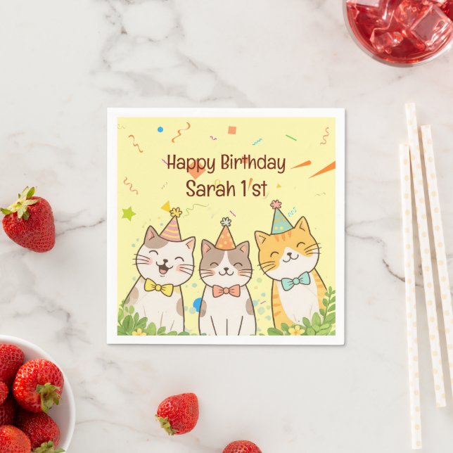 Adorable Trio of Birthday Cats | Custom Name & Age Pappersservett (Insitu)