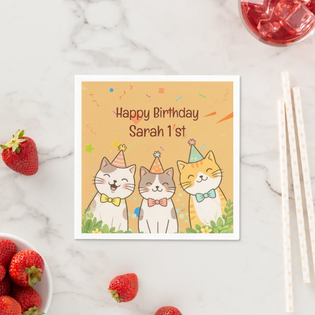 Adorable Trio of Birthday Cats | Custom Name & Age Pappersservett (Insitu)